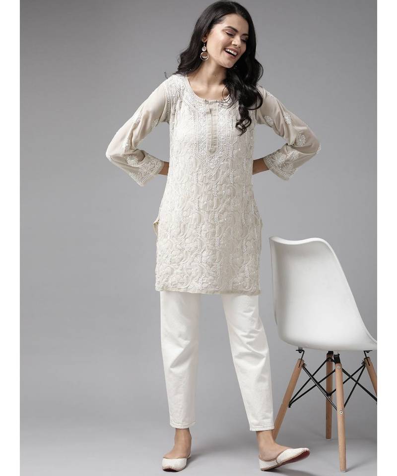Ada Hand Embroidered Grey Georgette Lucknow Chikankari Indian Women Short Kurti - A911124