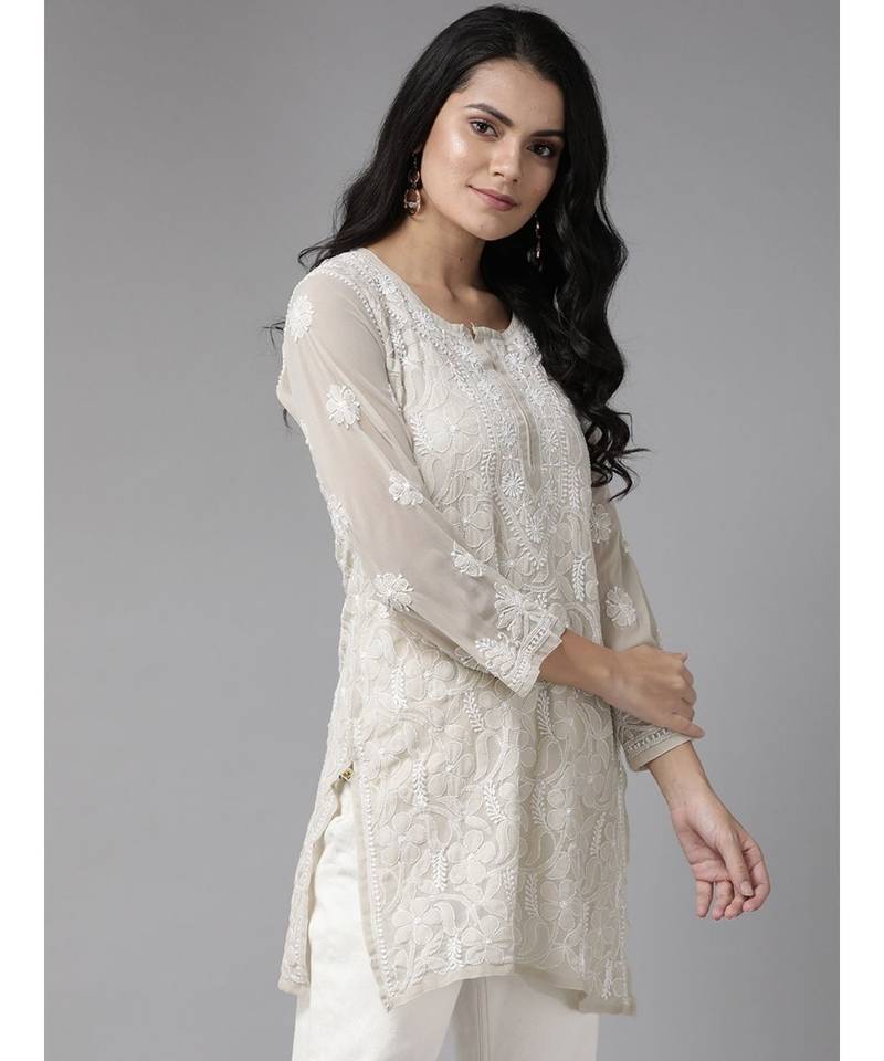 Ada Hand Embroidered Grey Georgette Lucknow Chikankari Indian Women Short Kurti - A911124