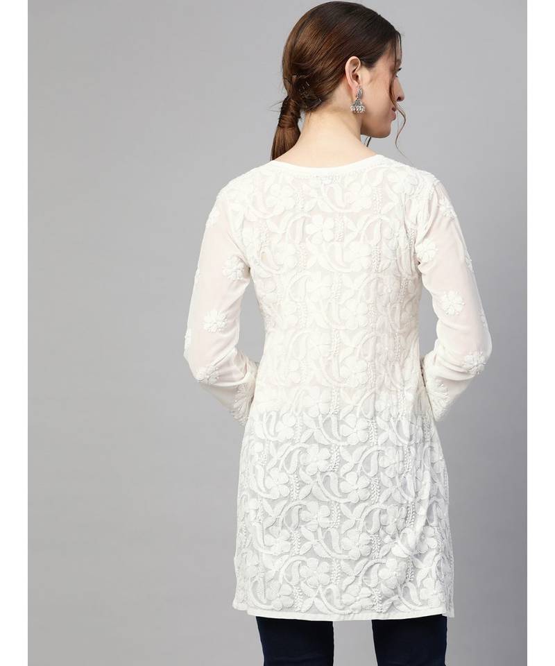 Ada Women Off-White Chikankari Hand Embroidered Poly-georgette Straight Short Kurti - A911125