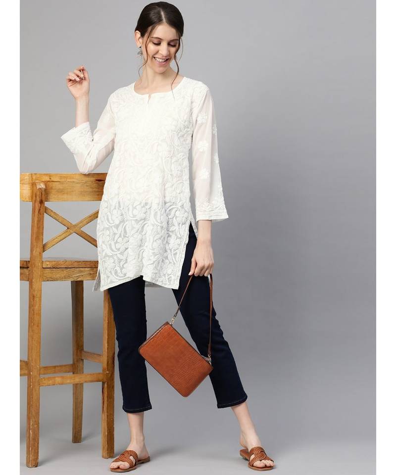 Ada Women Off-White Chikankari Hand Embroidered Poly-georgette Straight Short Kurti - A911125