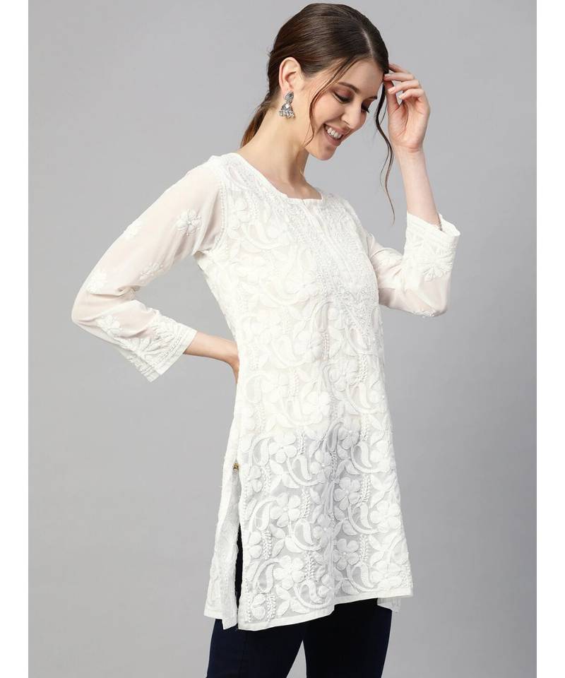 Ada Women Off-White Chikankari Hand Embroidered Poly-georgette Straight Short Kurti - A911125