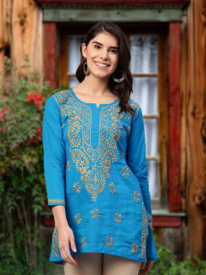 Ada Hand Embroidered Blue Cotton Lucknowi Chikankari Women Short Top - A250542 1