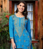 Ada Hand Embroidered Blue Cotton Lucknowi Chikankari Women Short Top - A250542