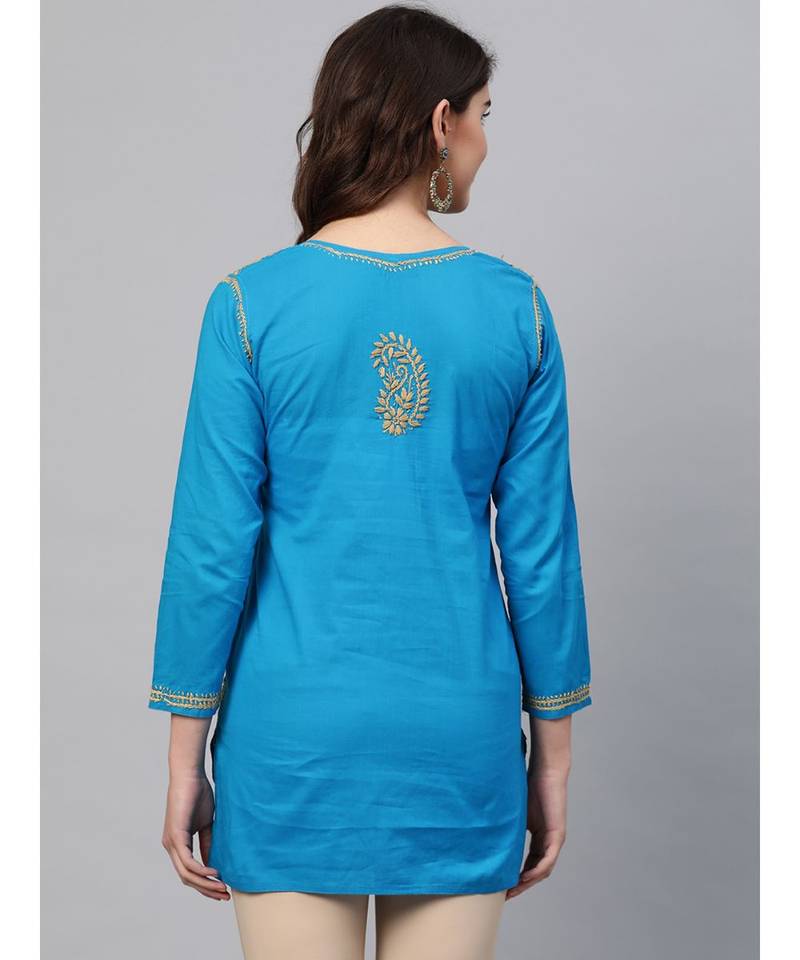 Ada Hand Embroidered Blue Cotton Lucknowi Chikankari Women Short Top - A250542