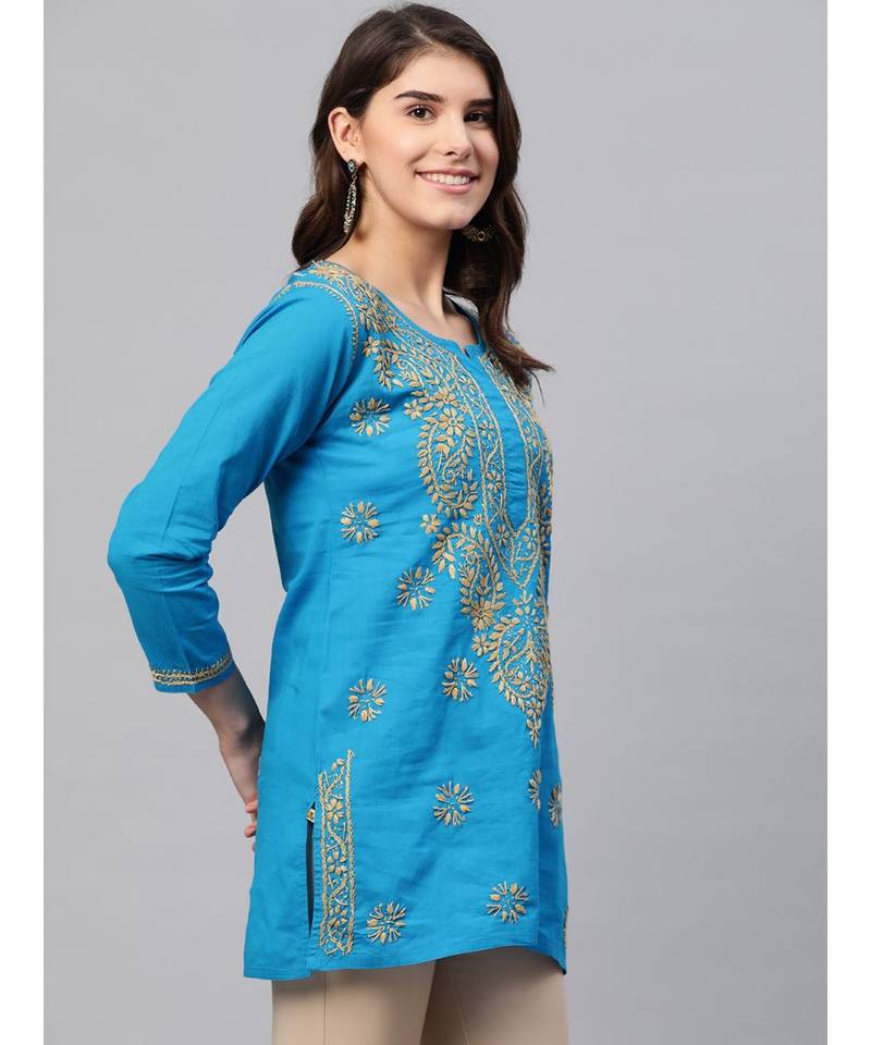Ada Hand Embroidered Blue Cotton Lucknowi Chikankari Women Short Top - A250542