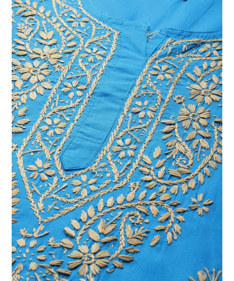 Ada Hand Embroidered Blue Cotton Lucknowi Chikankari Women Short Top - A250542