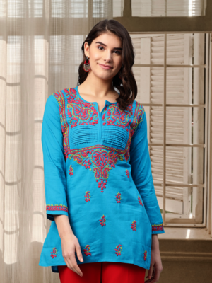 Ada Hand Embroidered Blue Cotton Lucknow Chikankari Women Short Kurti - A226896 1