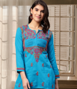 Ada Hand Embroidered Blue Cotton Lucknow Chikankari Women Short Kurti - A226896