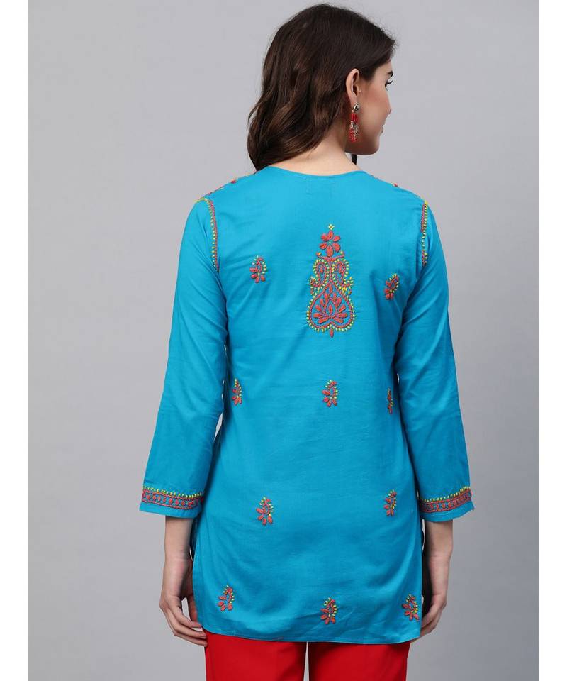 Ada Hand Embroidered Blue Cotton Lucknow Chikankari Women Short Kurti - A226896