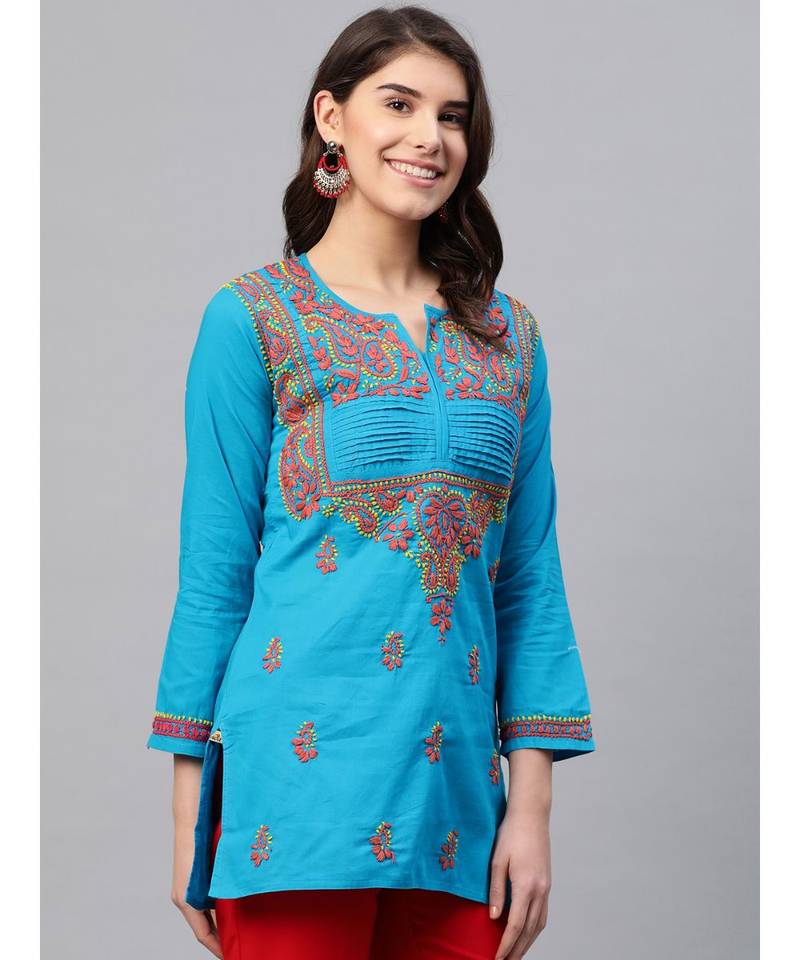 Ada Hand Embroidered Blue Cotton Lucknow Chikankari Women Short Kurti - A226896