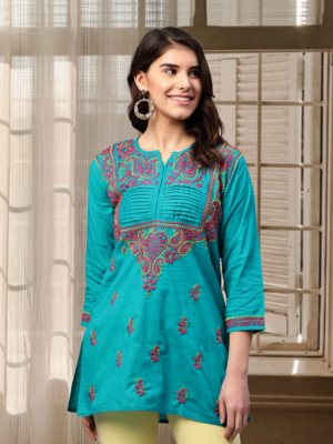 Ada Hand Embroidered Green Cotton Lucknow Chikankari Women Short Kurti - A226855 1