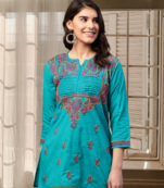 Ada Hand Embroidered Green Cotton Lucknow Chikankari Women Short Kurti - A226855