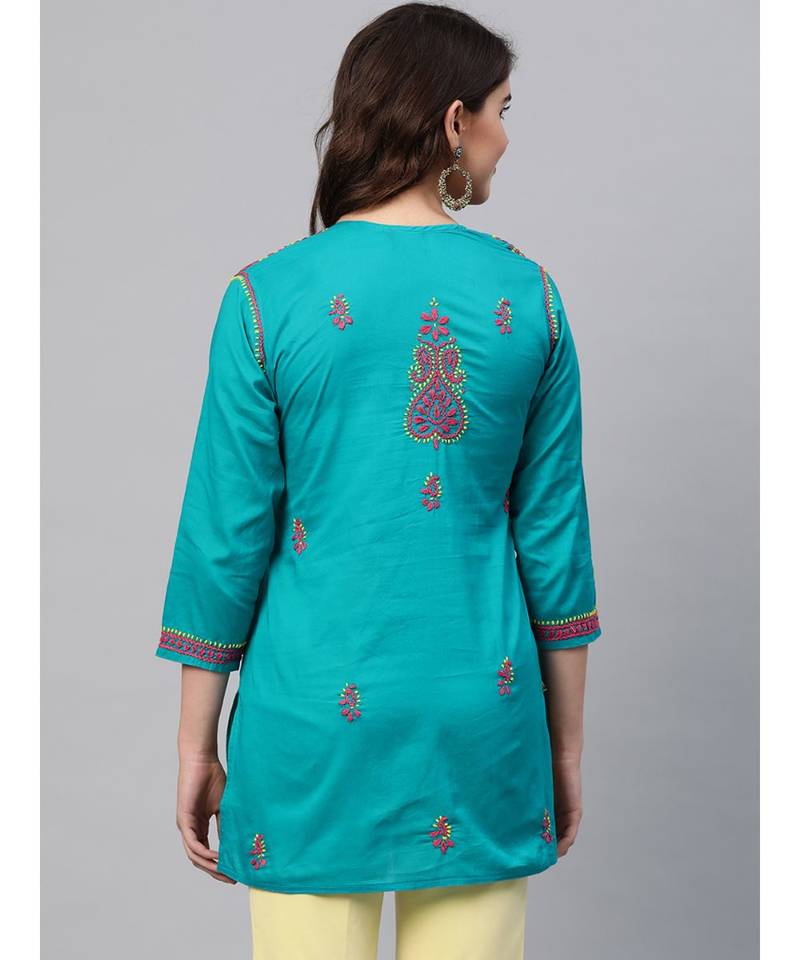 Ada Hand Embroidered Green Cotton Lucknow Chikankari Women Short Kurti - A226855