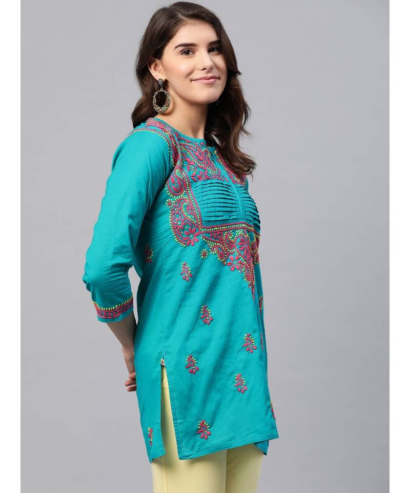Ada Hand Embroidered Green Cotton Lucknow Chikankari Women Short Kurti - A226855