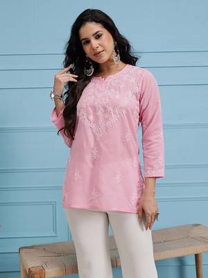 Women'S Hand Embroidered Pink Cotton Lucknow Chikankari Short Top 1