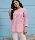 Women'S Hand Embroidered Pink Cotton Lucknow Chikankari Short Top