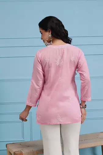 Women'S Hand Embroidered Pink Cotton Lucknow Chikankari Short Top