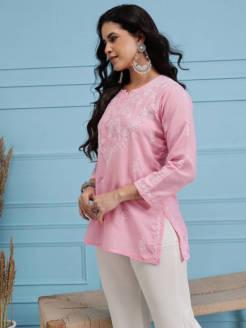 Women'S Hand Embroidered Pink Cotton Lucknow Chikankari Short Top