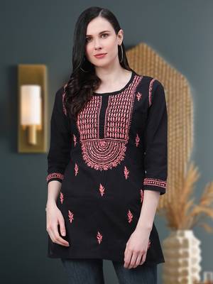 Ada Hand Embroidered Black Cotton Lucknow Chikankari Women Short Kurti - A911112 1