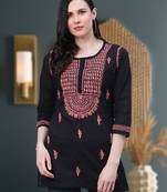 Ada Hand Embroidered Black Cotton Lucknow Chikankari Women Short Kurti - A911112