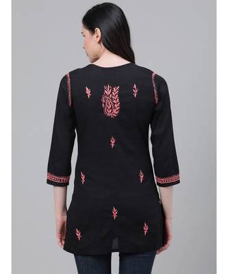 Ada Hand Embroidered Black Cotton Lucknow Chikankari Women Short Kurti - A911112 2