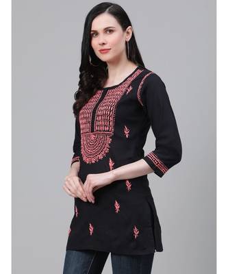 Ada Hand Embroidered Black Cotton Lucknow Chikankari Women Short Kurti - A911112 3