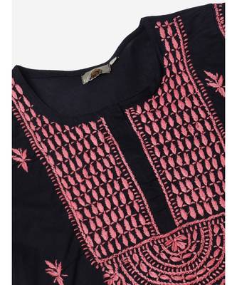 Ada Hand Embroidered Black Cotton Lucknow Chikankari Women Short Kurti - A911112 4