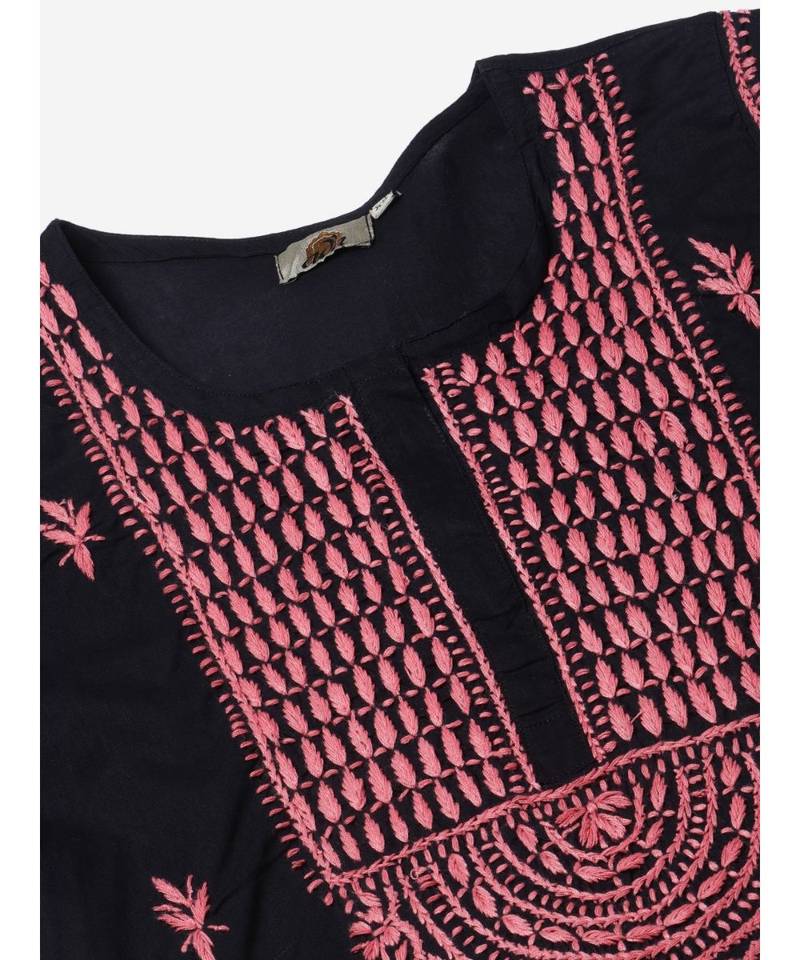 Ada Hand Embroidered Black Cotton Lucknow Chikankari Women Short Kurti - A911112