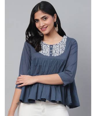 Ada Hand Embroidered Blue Cotton Lucknow Chikan Women Top - A911110 1