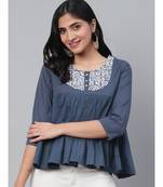 Ada Hand Embroidered Blue Cotton Lucknow Chikan Women Top - A911110
