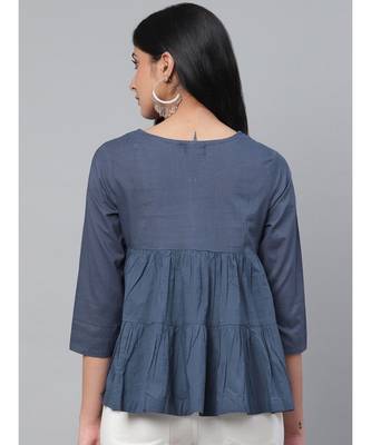 Ada Hand Embroidered Blue Cotton Lucknow Chikan Women Top - A911110 2