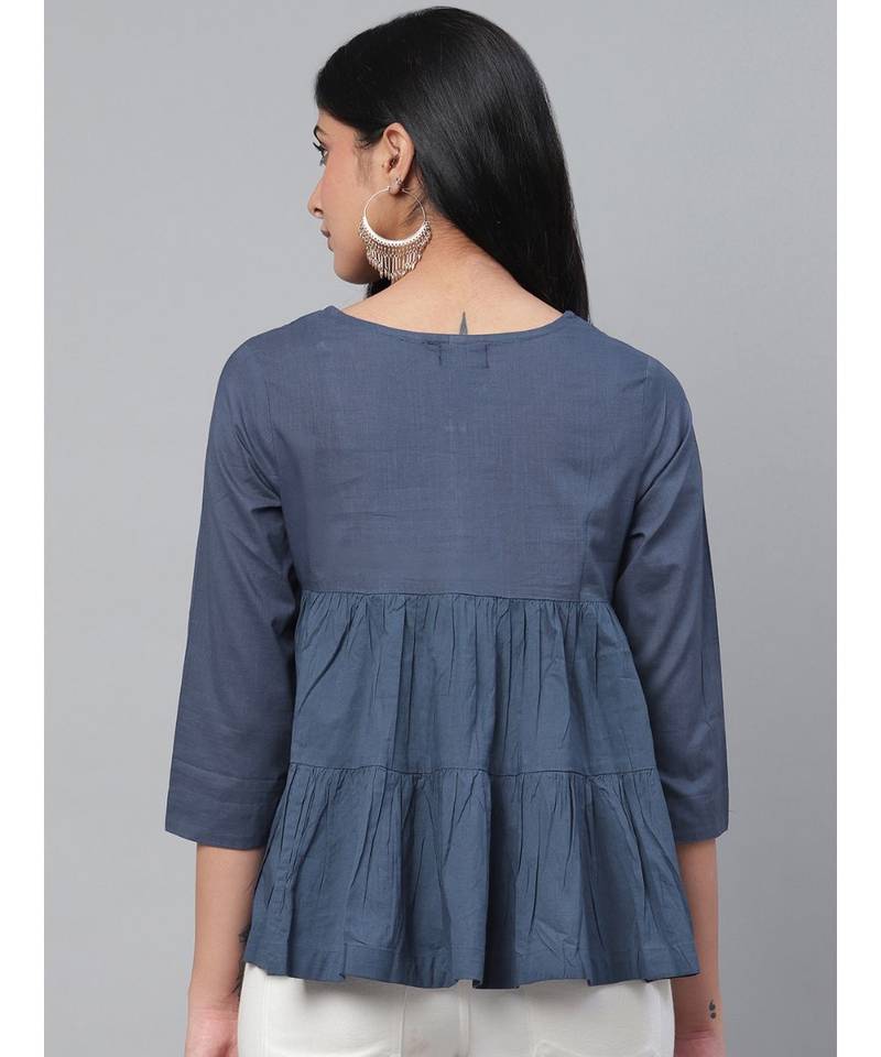 Ada Hand Embroidered Blue Cotton Lucknow Chikan Women Top - A911110