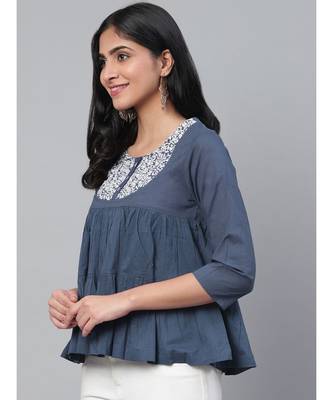 Ada Hand Embroidered Blue Cotton Lucknow Chikan Women Top - A911110 3