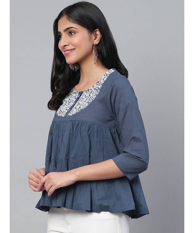 Ada Hand Embroidered Blue Cotton Lucknow Chikan Women Top - A911110