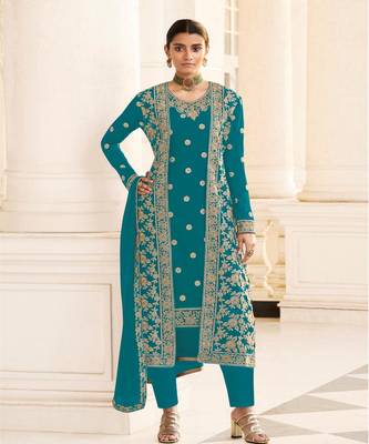 Aqua BlueEmbroidered Jacket Style Pant Suit 1