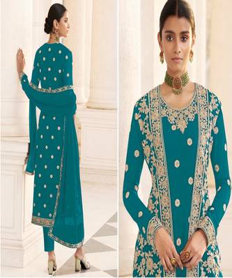 Aqua BlueEmbroidered Jacket Style Pant Suit 2