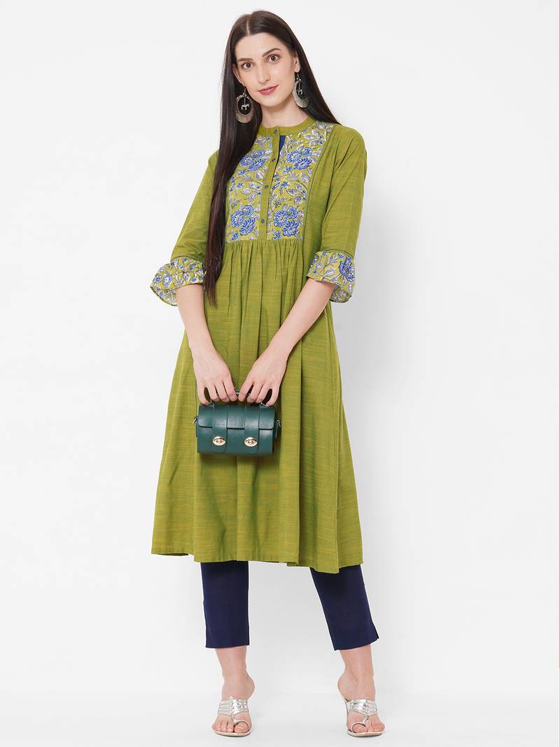 Cotton rayon and cotton print kurta with gathering