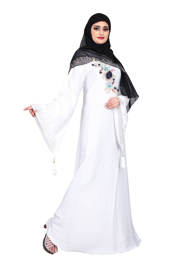 Khadija fashion,Women's white nida fabric very beautiful multi color's flowers worked burqa with scarf.
