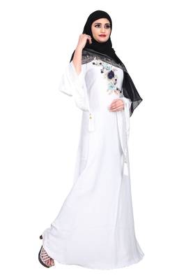 Khadija fashion,Women's white nida fabric very beautiful multi color's flowers worked burqa with scarf. 4