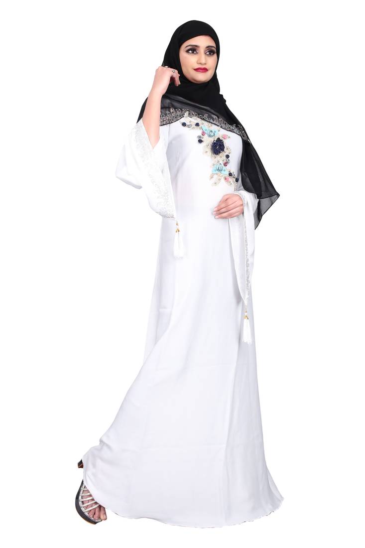 Khadija fashion,Women's white nida fabric very beautiful multi color's flowers worked burqa with scarf.