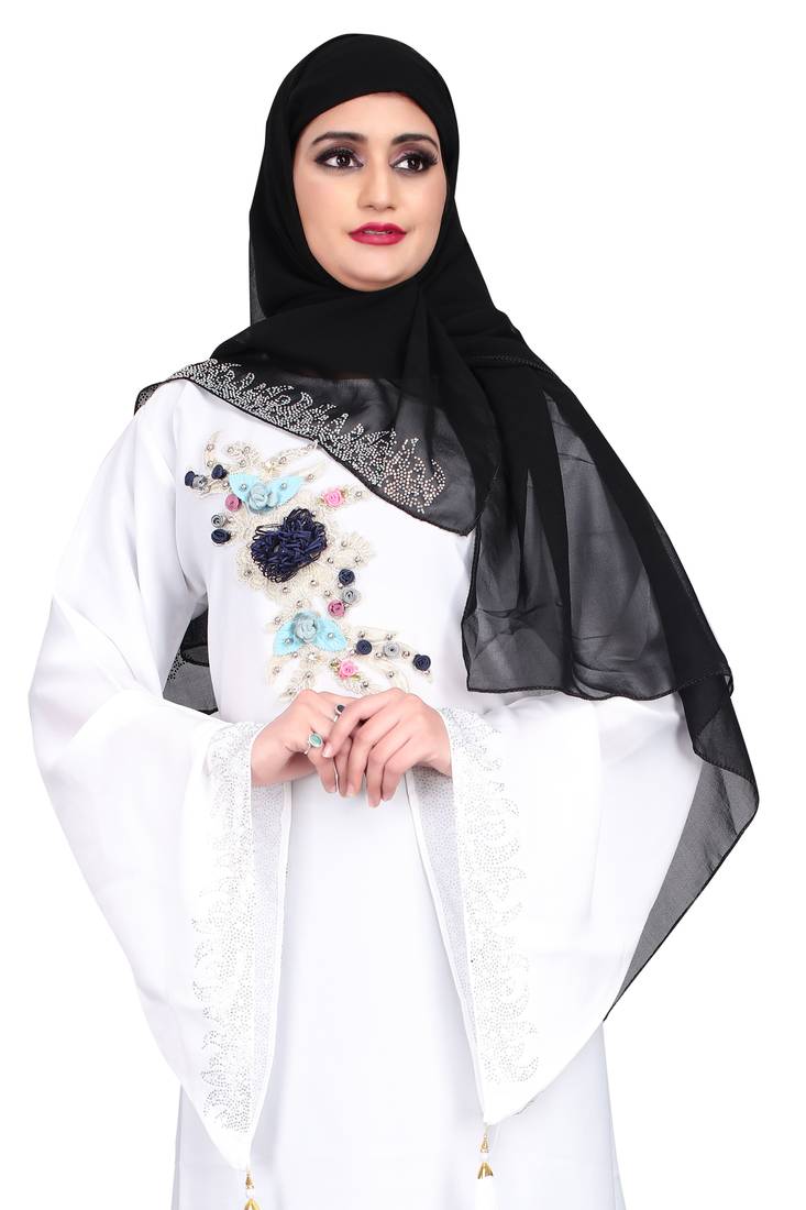 Khadija fashion,Women's white nida fabric very beautiful multi color's flowers worked burqa with scarf.