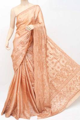 Badami Color Tussar Silk Lucknowi Chikankari Saree 1