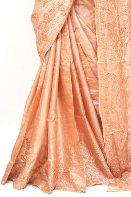 Badami Color Tussar Silk Lucknowi Chikankari Saree 3