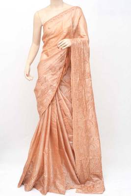 Badami Color Tussar Silk Lucknowi Chikankari Saree 4