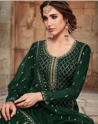 Designer Green Faux Georgette with Embroidery Work sharara Suit 2