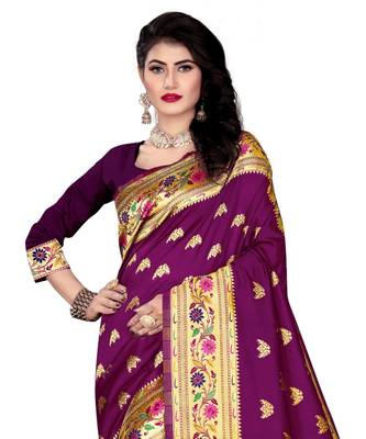 purple woven silk blend  saree with blouse 3