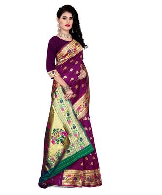 purple woven silk blend  saree with blouse 4