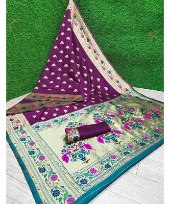 purple woven silk blend  saree with blouse 5