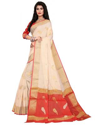 Cream woven cotton saree with blouse 1
