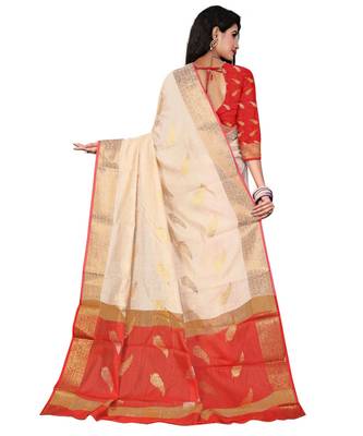 Cream woven cotton saree with blouse 2
